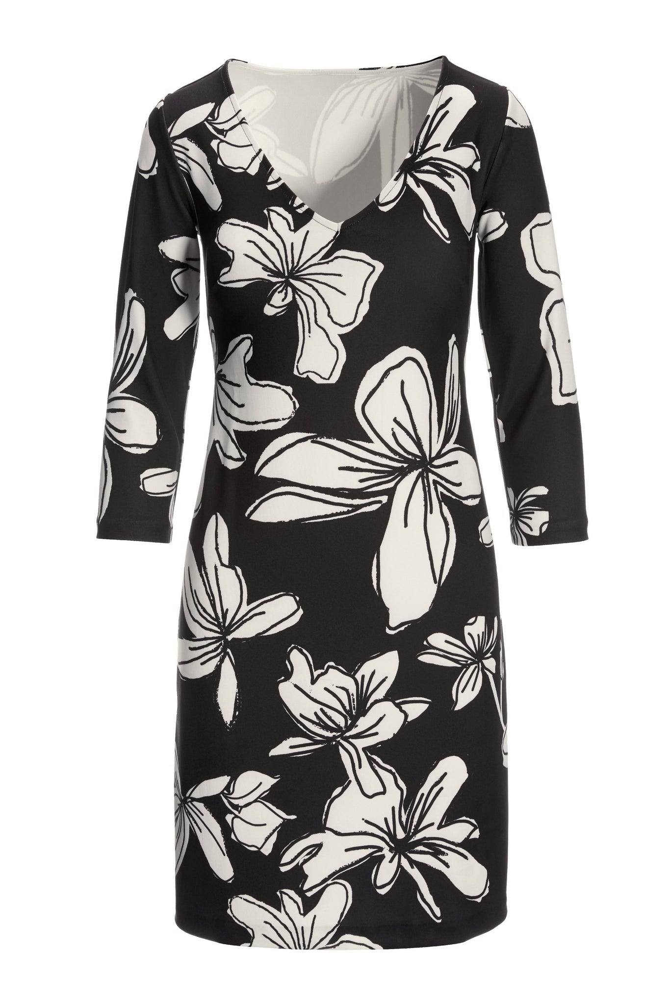 Beyond Travel Hibiscus Floral V-Neck Dress Jet Black Ivory Coast