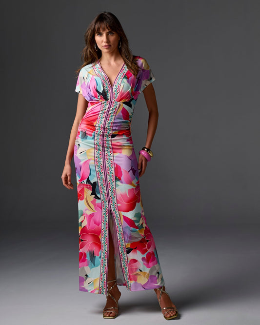 Spring Soiree Border Print Short Sleeve Ruched Ankle Length Dress Spring Soiree