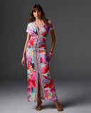 Spring Soiree Border Print Short Sleeve Ruched Ankle Length Dress Spring Soiree