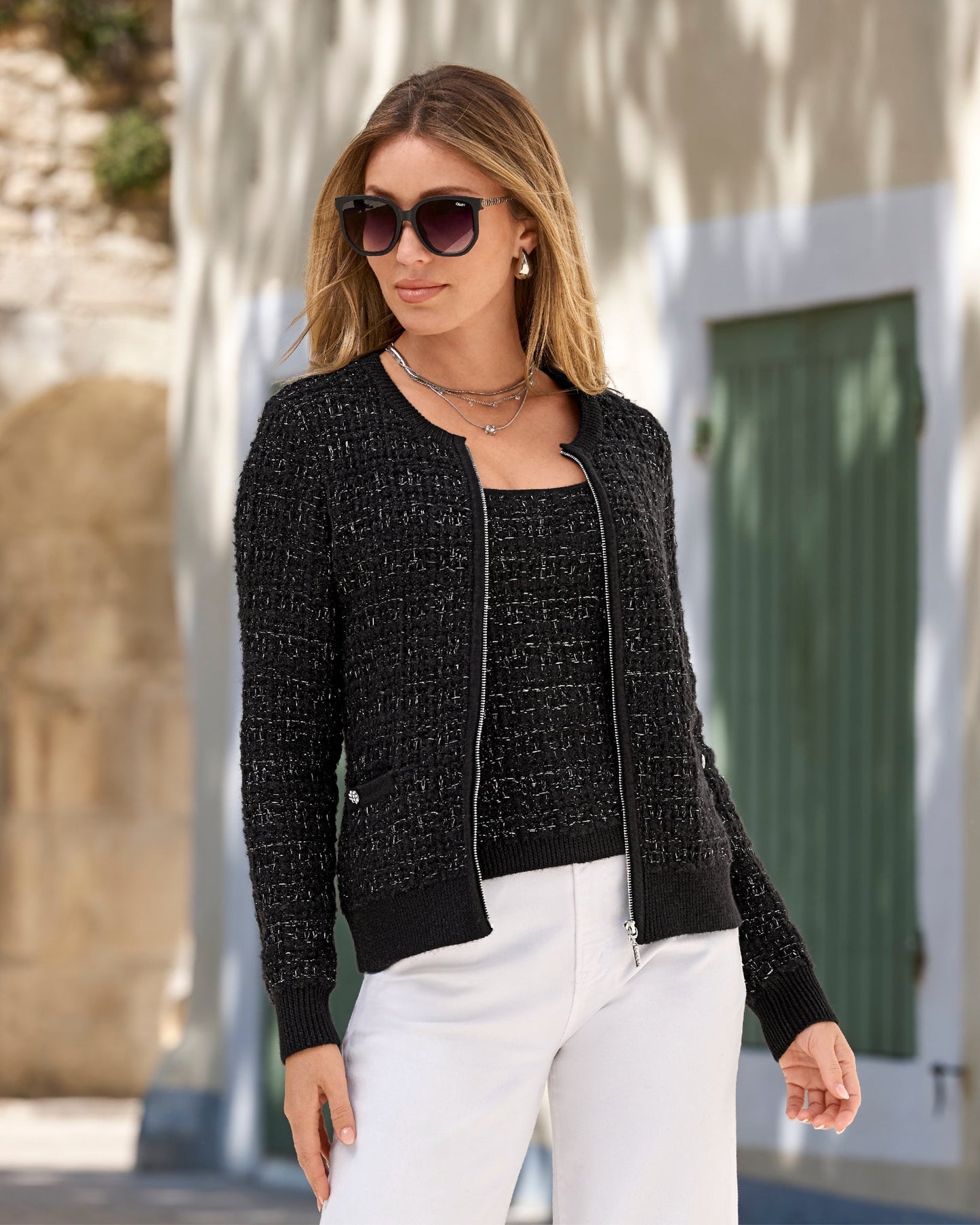Sweater Tweed Zip Up Cardigan Black/Silver