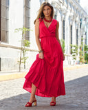 Surplice Tiered Cotton Maxi Dress True Red