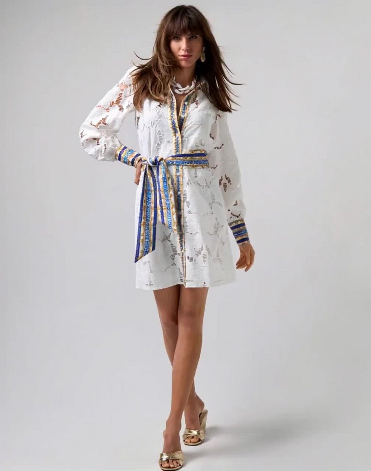 Status Print Collared Lace Shirt Dress Filagree Borders