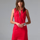 Zip Detail Linen Collared Shift Dress True Red