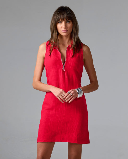 Zip Detail Linen Collared Shift Dress True Red