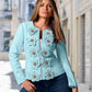 3D Rosette Embellished Faux Leather Zip Up Jacket Blue