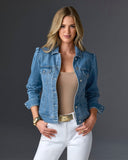 Stretch Denim Puff Sleeve Jacket Light Med Wash