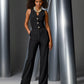 Tuxedo Style Crystal Button Stretch Crepe Jumpsuit Black