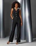 Tuxedo Style Crystal Button Stretch Crepe Jumpsuit Black