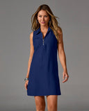 Zip Detail Linen Collared Shift Dress Navy