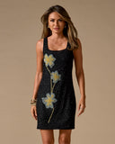 All Over Beaded Placed Floral Stretch Sheath Dress Black