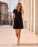 Zip Up Short Sleeve Shift Dress Black