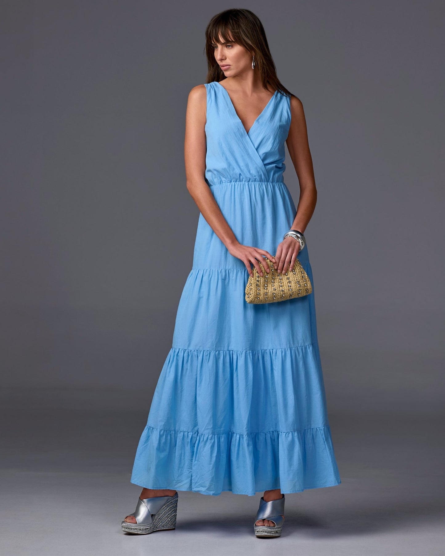 Surplice Tiered Cotton Maxi Dress Sky Blue