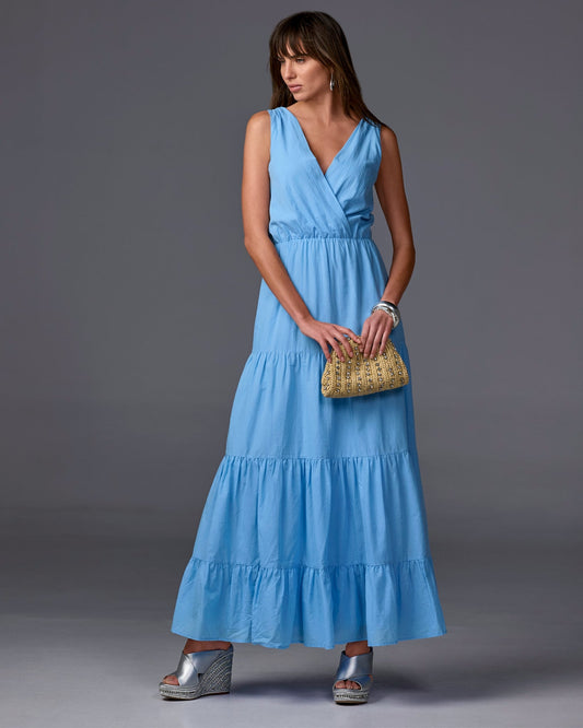 Surplice Tiered Cotton Maxi Dress Sky Blue
