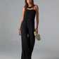 Strapless Ruched Wide Leg Knit Jumpsuit Black