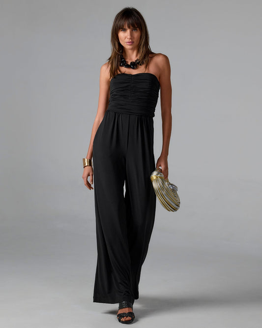Strapless Ruched Wide Leg Knit Jumpsuit Black