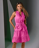Tie Waist Tiered Fit and Flare Poplin Dress Shocking Pink