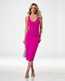 Susana Monaco x Boston Proper V Neck Ruched Fitted Midi Dress Fuchsia