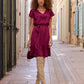 Tie Waist Ruffle Detail Charmeuse Dress Cabernet