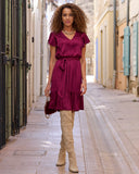 Tie Waist Ruffle Detail Charmeuse Dress Cabernet