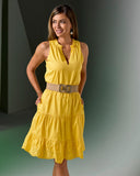 Tie Waist Tiered Fit and Flare Poplin Dress Lemon Drop