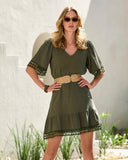 100% Cotton Gauze Lace Trim A Line Dress Olive Night