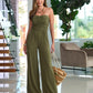 Strapless Ruched Wide Leg Knit Jumpsuit Moss Green