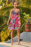 Tropical Forest Halter Embellished Printed Dress Pink