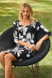 Beyond Travel Hibiscus Floral V-Neck Dress Jet Black Ivory Coast