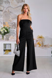 Strapless Faux-Feather Wide-Leg Jumpsuit Black