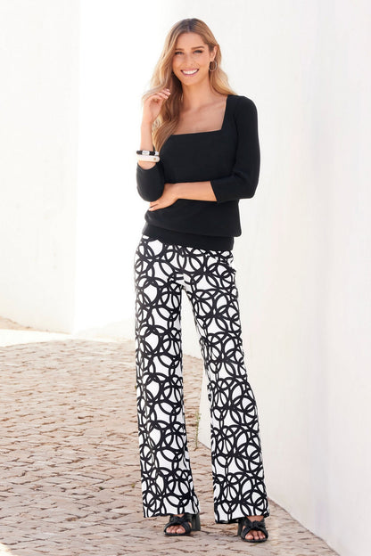 Beyond Travel Geo Print Palazzo Pant Jet Black Ivory Coast