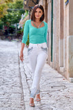 Turquoise And Crystals Embellished Slim Jean White/Turquoise