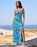 Stamped Floral Blues Print Necklace Detail Charmeuse Maxi Dress Blue