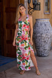 Tropical Oasis Print Blouson Slit Ankle-Length Dress Pink/Green