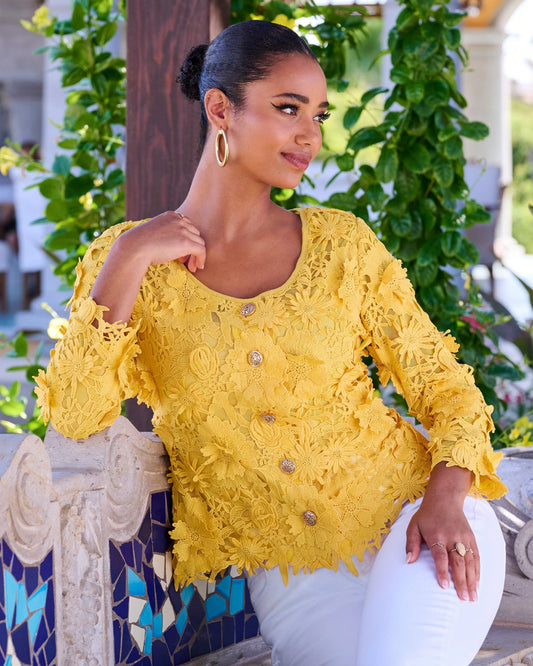 Three-Quarter Sleeve 3D Floral Lace Jacket Lemon Drop