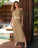 Three-Quarter Sleeve Tie-Waist Shimmer Maxi Dress Gold
