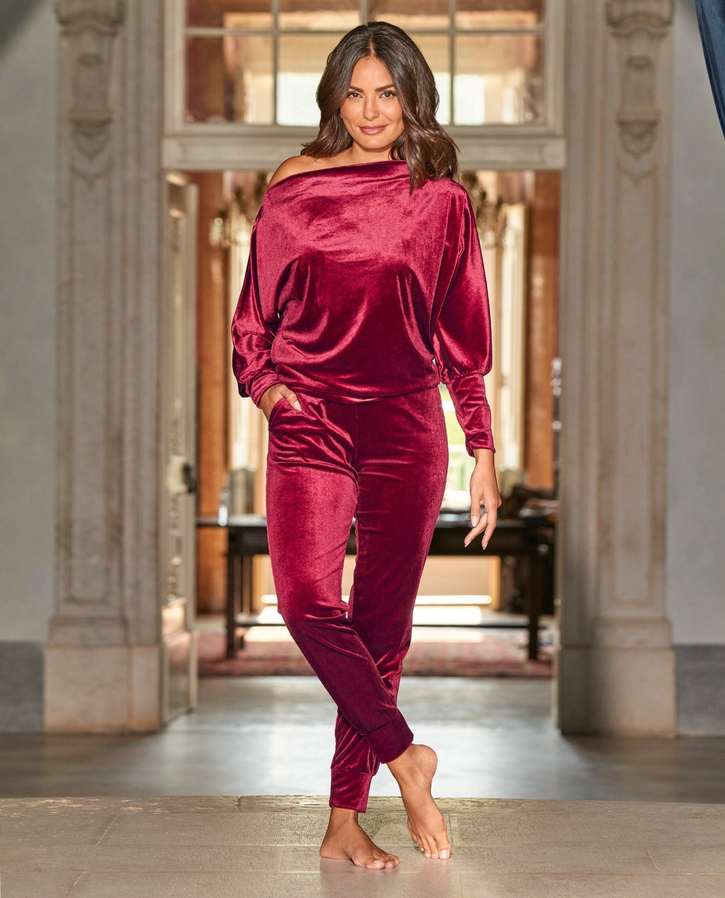 Slouchy Velour Top & Jogger Set Burgundy