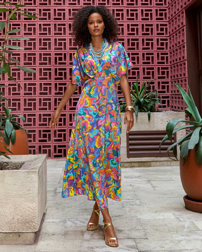 Abstract Sol Print V neck Ankle Length Dress Multi