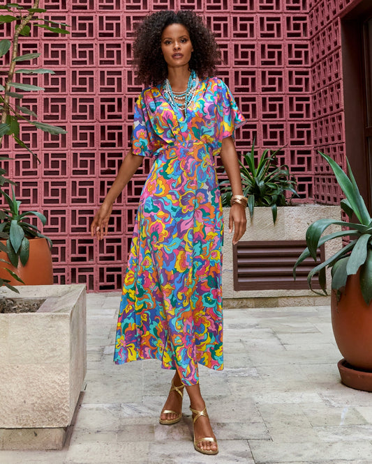 Abstract Sol Print V neck Ankle Length Dress Multi
