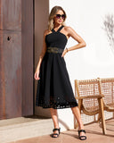 Beyond Travel High Neck Laser Cut Midi Dress Jet Black