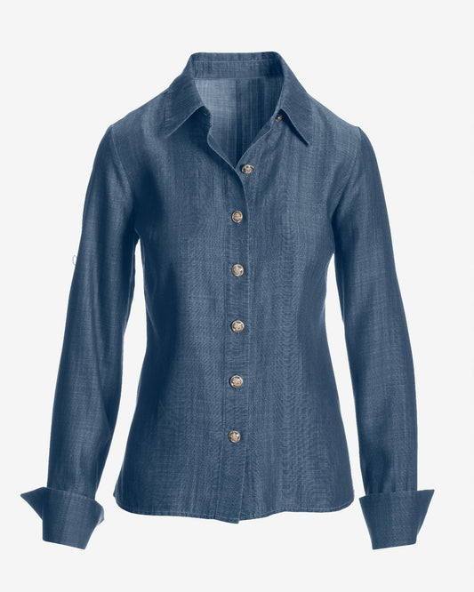 Sophia Button Up Denim Blouse Dark Rinse