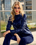All Over Sequin Mock Neck Sweater Evening Blue