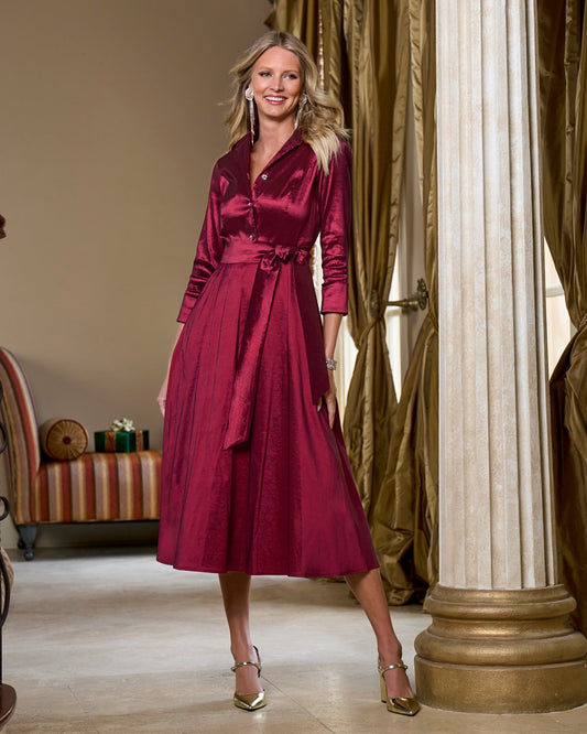 Three Quarter Sleeve Button Up Shirt Midi Dress Wine