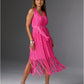 V Neck Fringe Pleated Midi Dress Shocking Pink