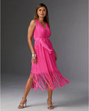 V Neck Fringe Pleated Midi Dress Shocking Pink