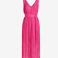 V Neck Fringe Pleated Midi Dress Shocking Pink