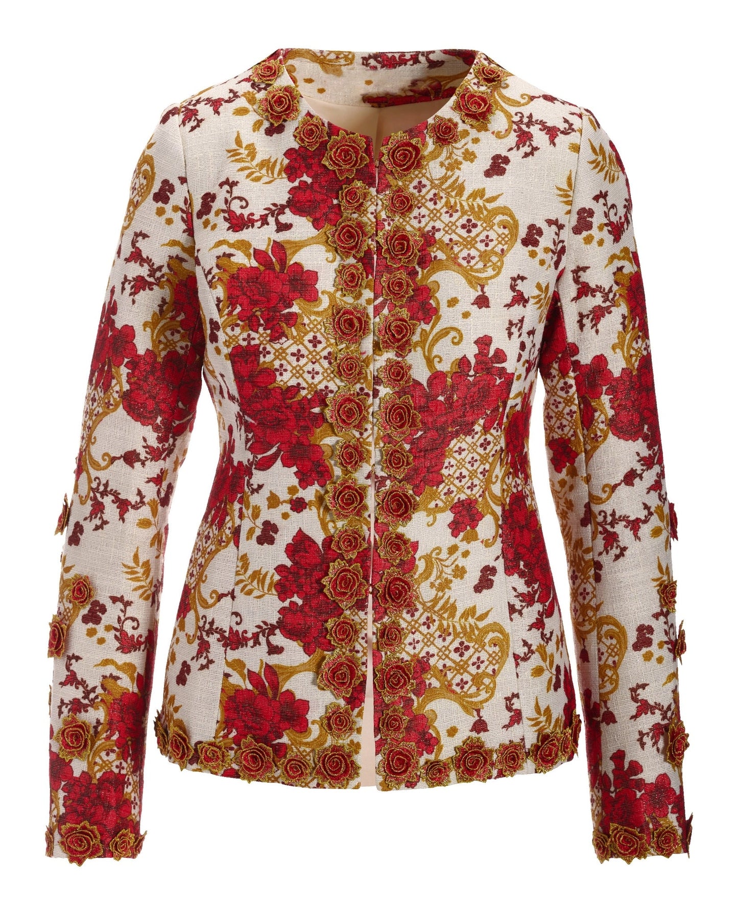 Status Print 3D Metallic Floral Jacket Red Multi