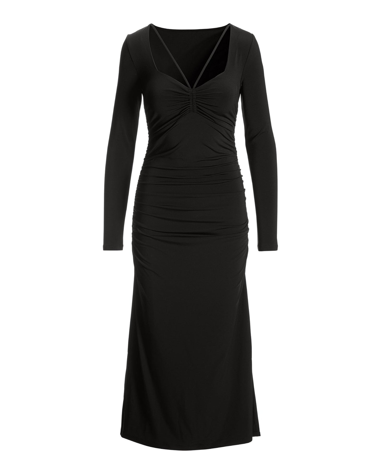 Strappy Knit Long-Sleeve Midi Dress Black