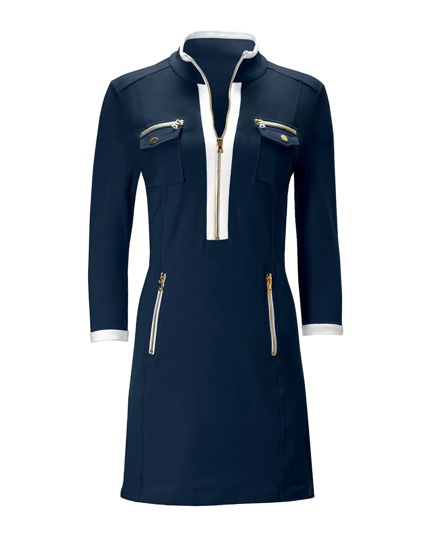 Three Qtr Slv Chic Zip Dress Navy/White