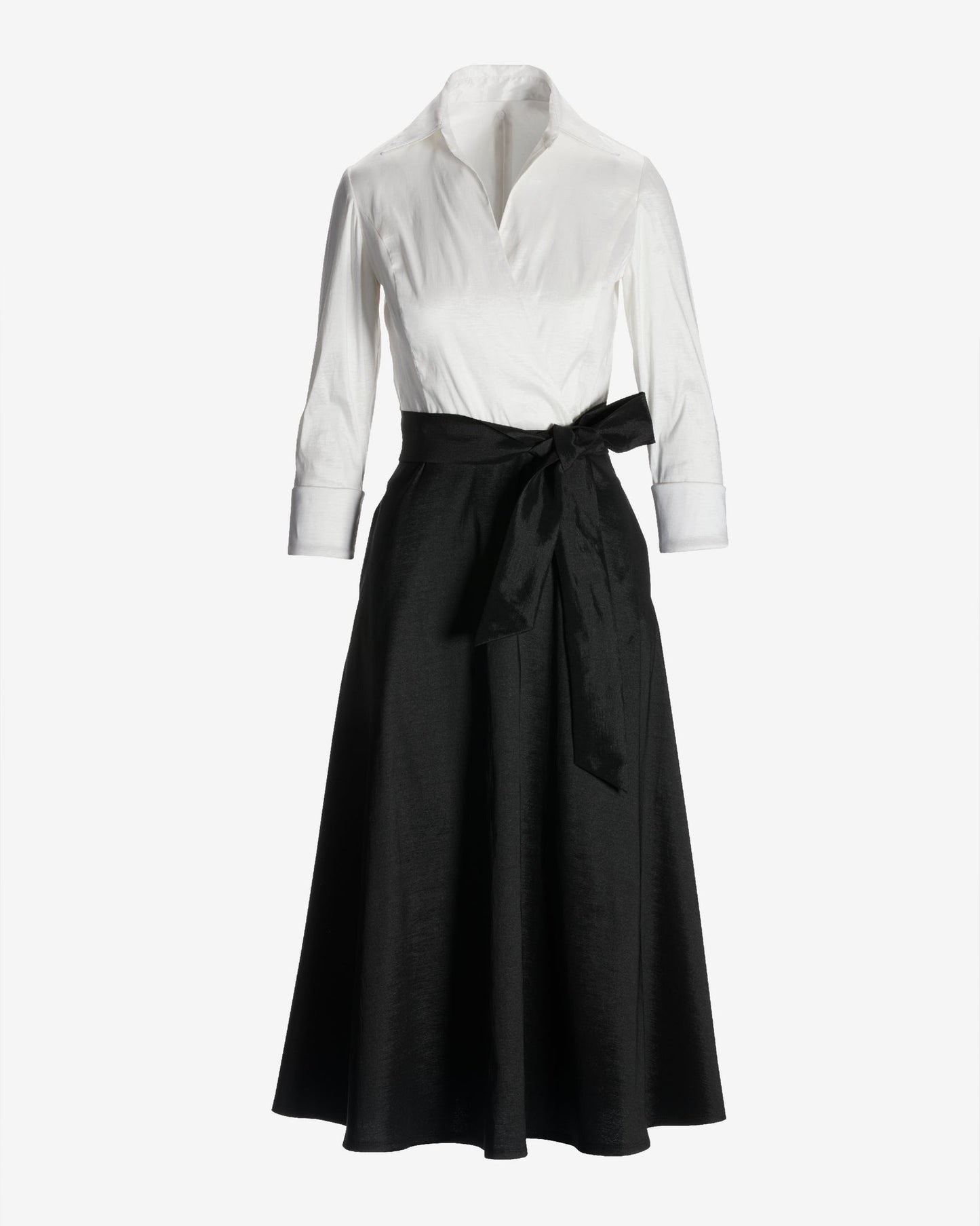 Three Quarter Sleeve Color Block Surplice Shirt Midi Dress Black/White