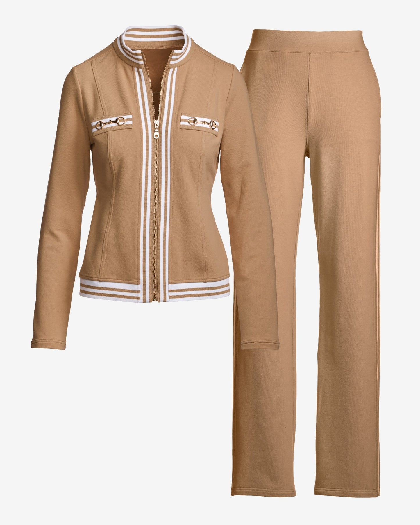 Striped French Terry Hardware Full Length Pant Set Cashmere Tan